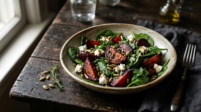 Fresh beet salad with goat cheese and greens served in a ceramic bowl on a dark rustic wooden table. roasted beet salad