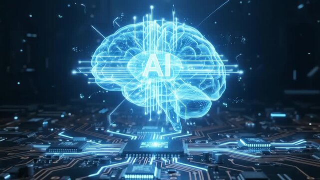 Digital Human Brain Hologram with Glowing Neural Pathways and Microchip Loop