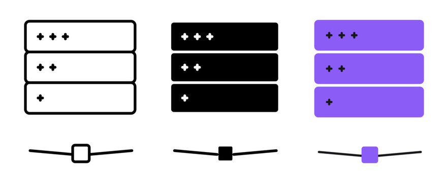 Data server rack storage array and database icon set in line icons, silhouette, and flat color styles