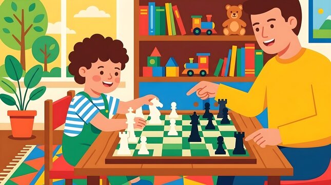Father and son playing chess at home flat illustration