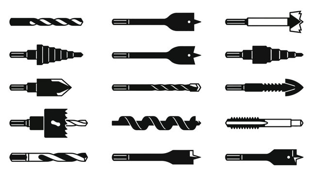 Collection of various industrial drill bit icons and silhouettes for woodworking and metalworking, perfect for hardware store catalogs, construction safety manuals and DIY home improvement guides
