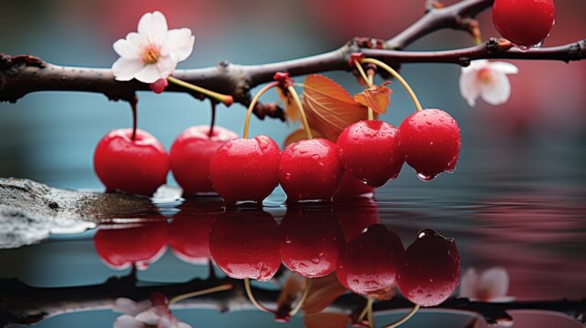 A branch of cherries with white flowers reflected in water