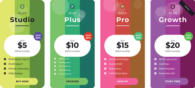 Modern pricing plan cards with monthly subscription options Vector
