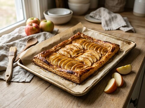 Freshly baked apple tart on a baking sheet in a cozy rustic kitchen with sliced apples on a wooden table. no-fuss pastry recipes