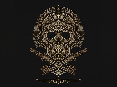 Intricate gothic skull with crossed daggers line art