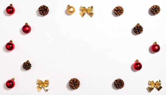 Christmas pinecones with red ornaments and gold bows.