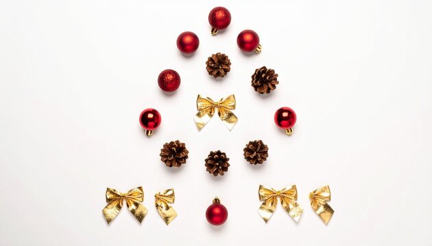 Christmas pinecones with red ornaments and gold bows.