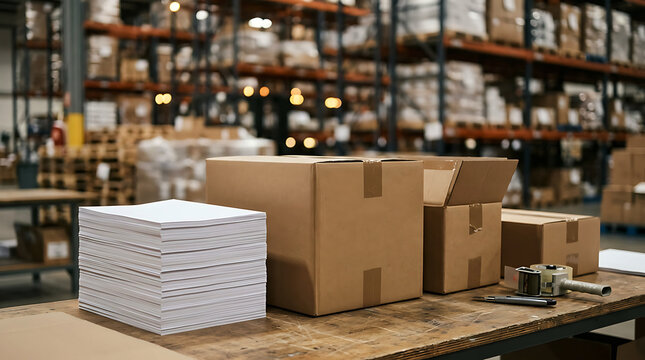 Cardboard shipping boxes and white paper stack in a busy warehouse