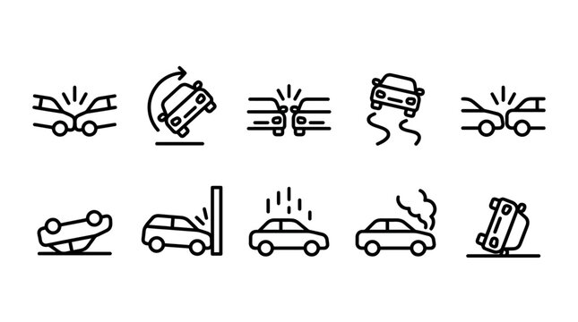 Car accident and vehicle crash line icon set featuring collision, rollover and engine failure scenarios, perfect for insurance claim apps, road safety materials and repair service websites