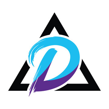 Stylized logo design with blue and purple letter D and black triangle
