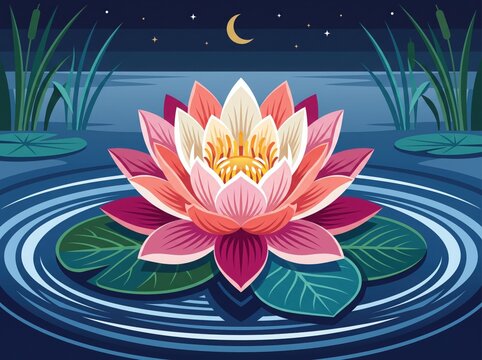Pink lotus flower blooming in pond vector illustration