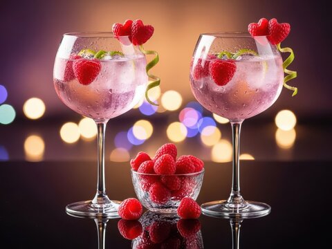 Elegant raspberry gin and tonics with festive lights