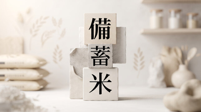 「備蓄米」の文字を配置した食料備蓄や米不足の概念コンセプト画像