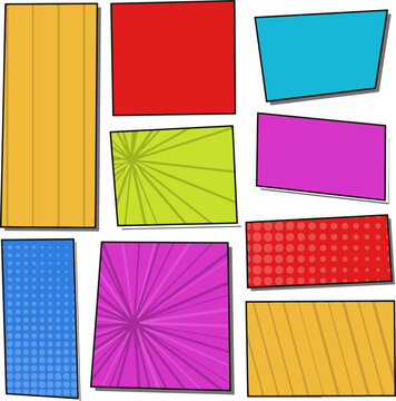 Colorful comic book page layout with different panel shapes