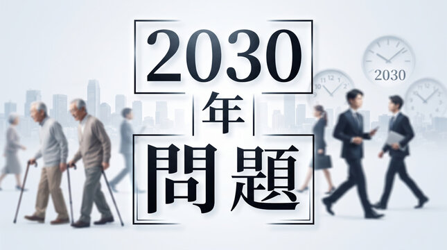 「2030年問題」の文字を強調した超高齢化社会と労働力不足の概念図
