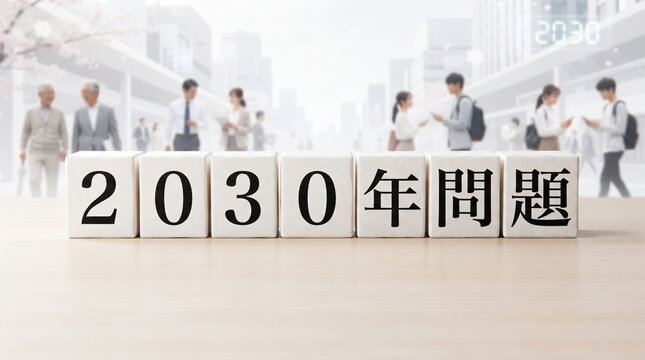 「2030年問題」の文字を配置したブロックと社会背景のコンセプト画像