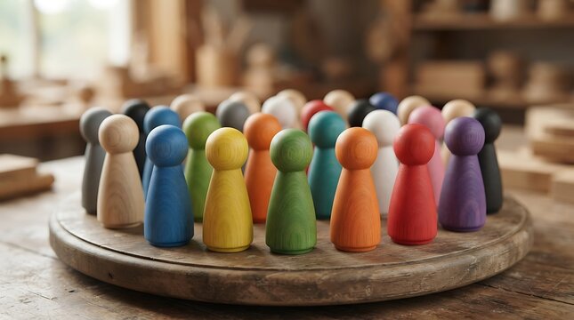 Colorful wooden peg dolls arranged on a circular wooden platform
