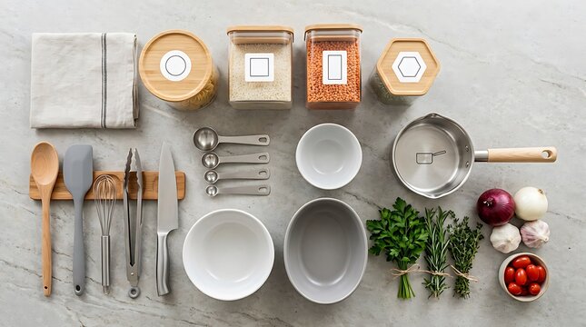 Top view of kitchen utensils cooking tools bowls measuring spoons and fresh herbs on a gray stone surface. kitchen tips for beginners