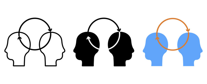 Two head profiles psychological connection icon set in line icons, silhouette, and flat color styles