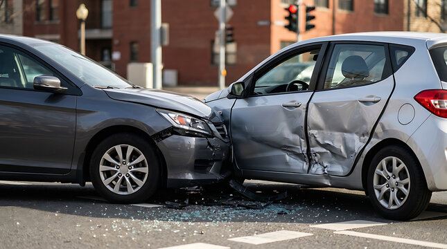 Two cars collided in a city intersection with heavy damage to both sides