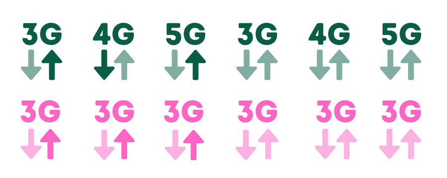 Set Of 3G 4G And 5G Network Speed Icons With Upload And Download Arrows In Various Colors