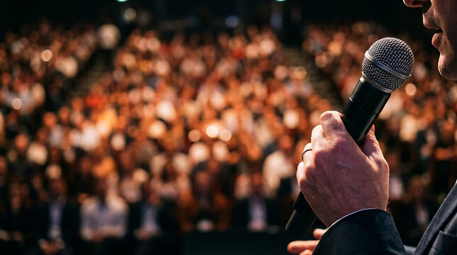 Speaker holding microphone in front of large auditorium audience at a conf
