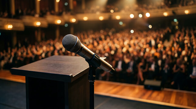 Microphone on a wooden podium at a large conference center auditorium