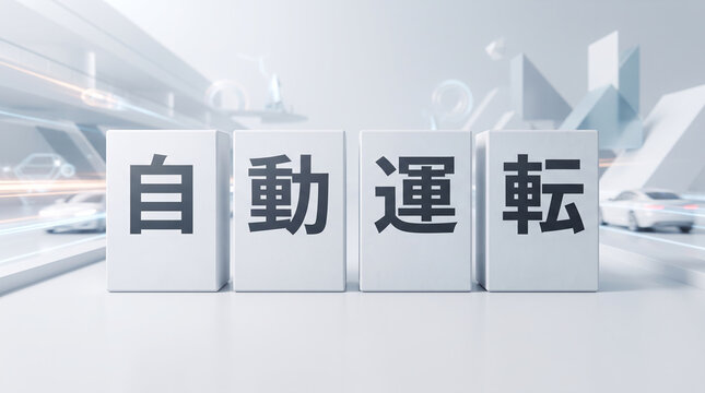 「自動運転」の文字を配置したブロックと近未来的背景のイメージイラスト