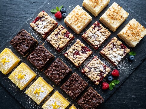Delicious square brownies and colorful cakes arranged in neat rows on a dark textured slate stone board. family favorite treats