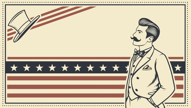 Vintage businessman with airplane and american flag design, retro travel and patriotic aviation concept