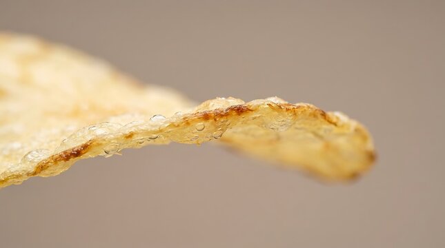 Macro close up of a single crunchy potato chip showing golden brown texture and salty crispy surface details. crunchy edge close-up