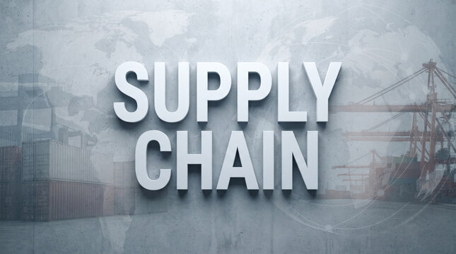 「SUPPLY CHAIN」の文字を配置したサプライチェーンとグローバル物流のイメージ