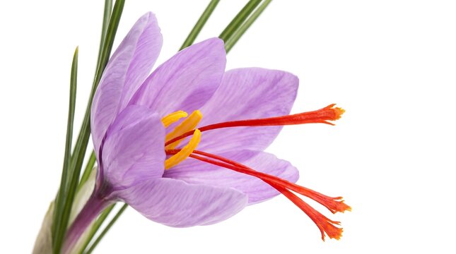 Beautiful purple saffron crocus flower isolated on white background.