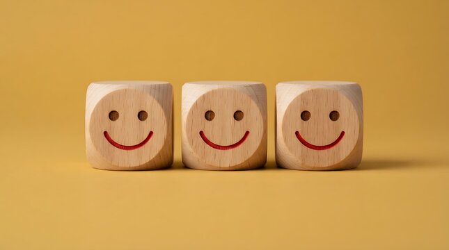 Three wooden toy dice with smiling faces on a yellow background