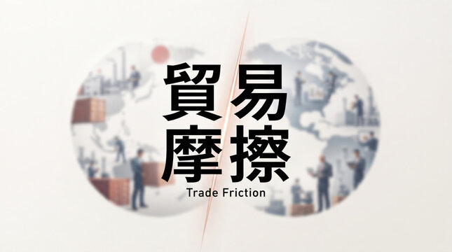 「貿易摩擦」の文字を配置した世界経済と国際情勢の概念画像