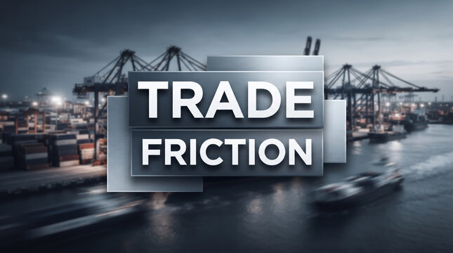 港湾の貿易風景と「TRADE FRICTION」の文字を描いた貿易摩擦イメージ