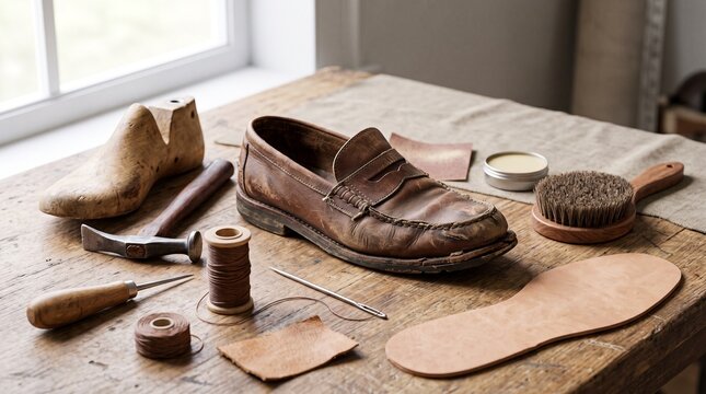 Leather shoe restoration and repair tools with loafer on a vintage wooden workbench