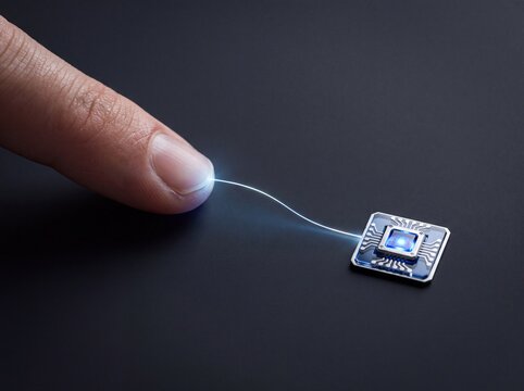 Human finger connecting to a futuristic microchip with a glowing optical light thread on a dark background.
