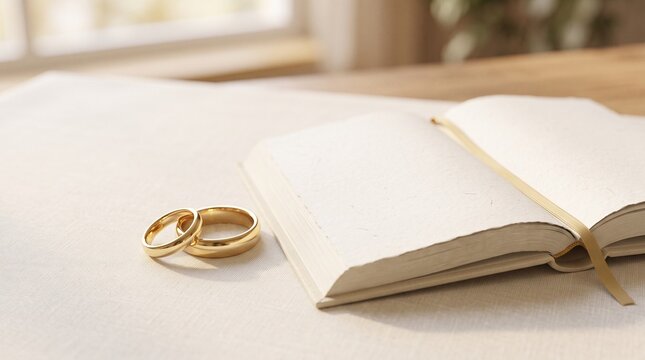 Gold wedding bands next to a devotional book on a table representing faith and marriage