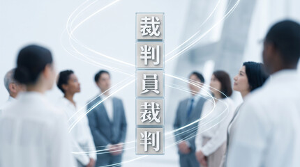 「裁判員裁判」の文字を配置した司法制度と市民参加の概念ビジュアル