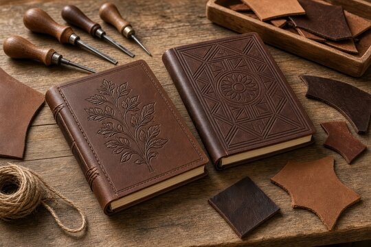 Handcrafted leather journals with tools and materials.