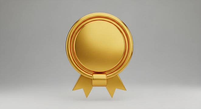A three dimensional rendered gold circular award ribbon badge with a blank center for custom design recognition and excellence achievement
