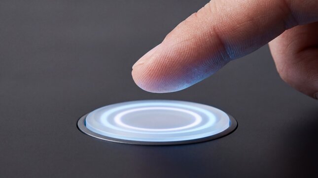 Human finger hovering over a futuristic glowing circular button on a dark smart interface.