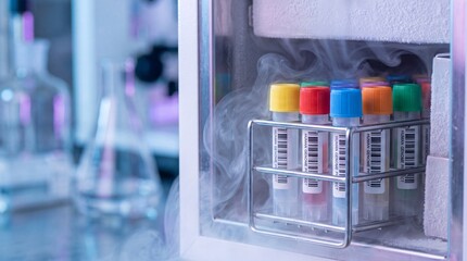 Cryogenic Barcode Sample Vials in Cold Vapor Mist at Genomics Biobank Facility