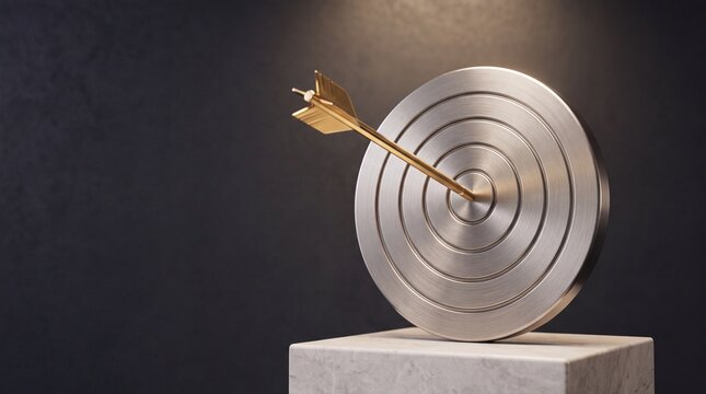 Polished Gold Arrow in Center of Titanium Target Bullseye on Travertine Plinth Concept