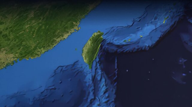 Animation of airplane flying from Guangzhou to San Francisco over earth globe.