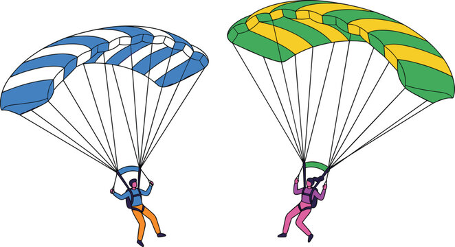 Two skydivers paragliding with blue and green parachutes vector illustration isolated on plain white background