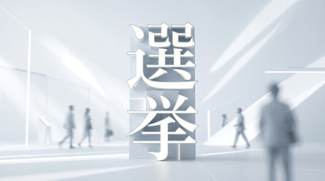 「選挙」の文字を立体配置した明るく洗練されたビジネス空間
