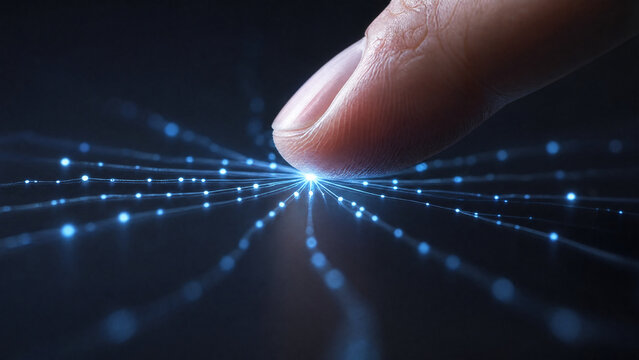 Human finger touching a glowing digital network node with connecting light threads on a dark background.