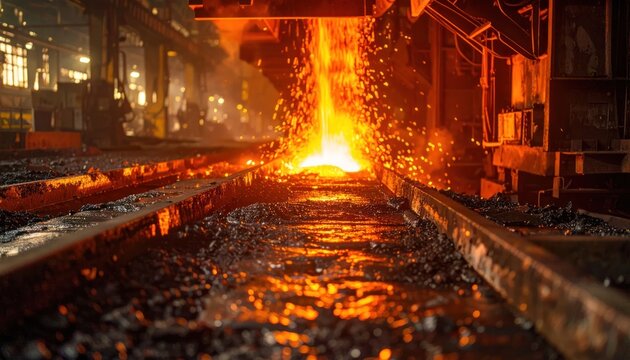 Molten metal pouring in industrial foundry with intense sparks and heat, creating a dramatic fiery scene.